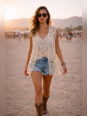 Boho Crochet Fringe Vest Medium | Lace Open Knit Festival Kimono Cover Up Cream